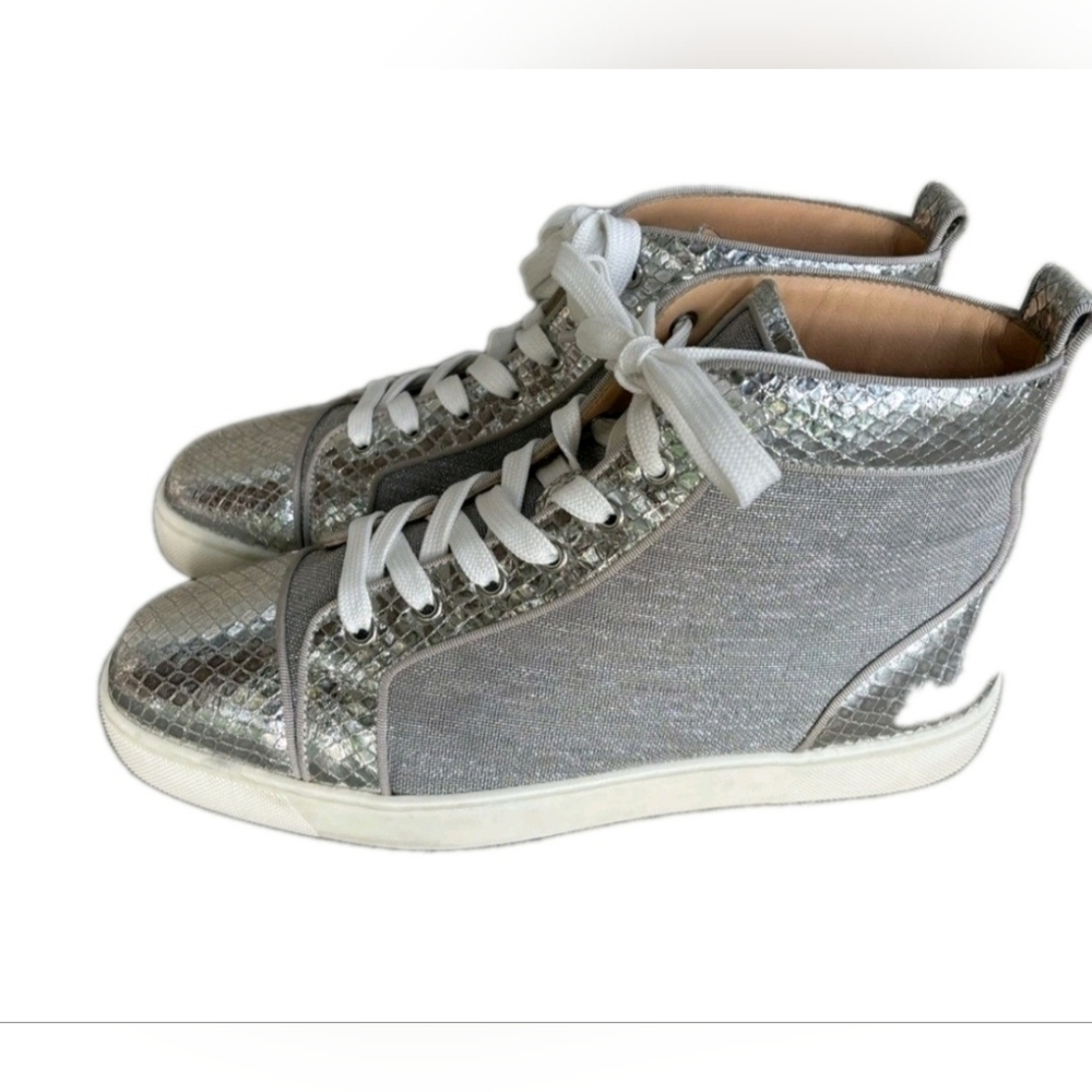Christian Louboutin Silver Metallic ‘Orlato' Red Bottom High Tops EU 43 US 10 - Picture 3 of 11